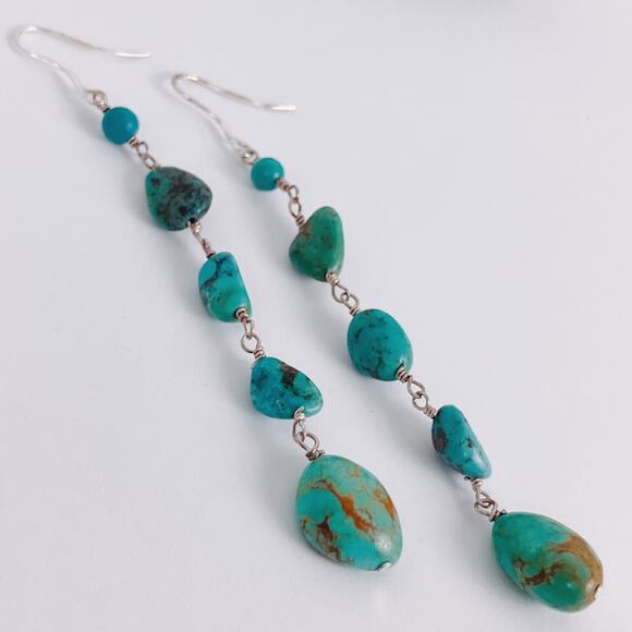 Lightweight Sterling Silver Turquoise-Hued Howlite Stone Long Dangle Earrings - Picture 11 of 11